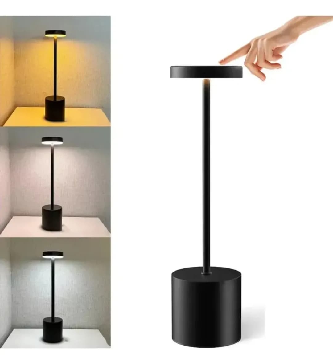 Velador Recargable Led Inalámbrico 3 Tonos Táctil Dimmerizable Usb-c Negro
